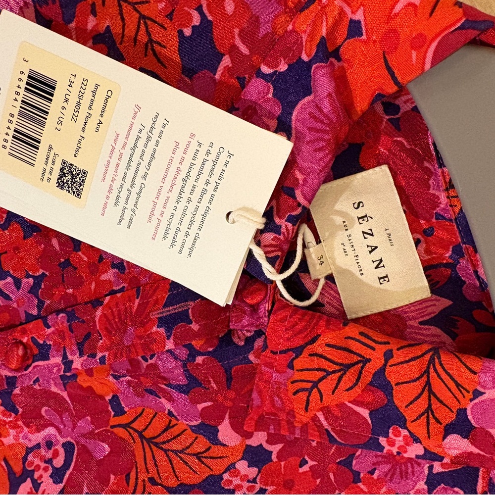 NWT FR 34, US 2 Sezane Ann shirt. Fuchsia Floral. (Marching pant available!) - Picture 3 of 8